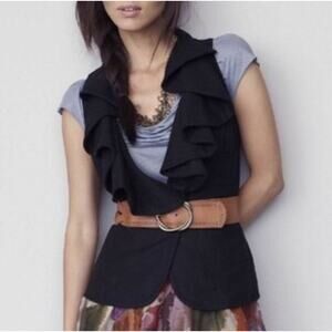 Anthropologie Tabitha Falling In Love Black Wool Blend Vest Ruffle Vneck Size 4